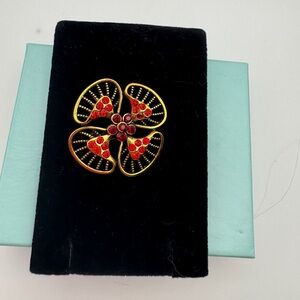 Elegant Gold and Red rhinestone brooch
